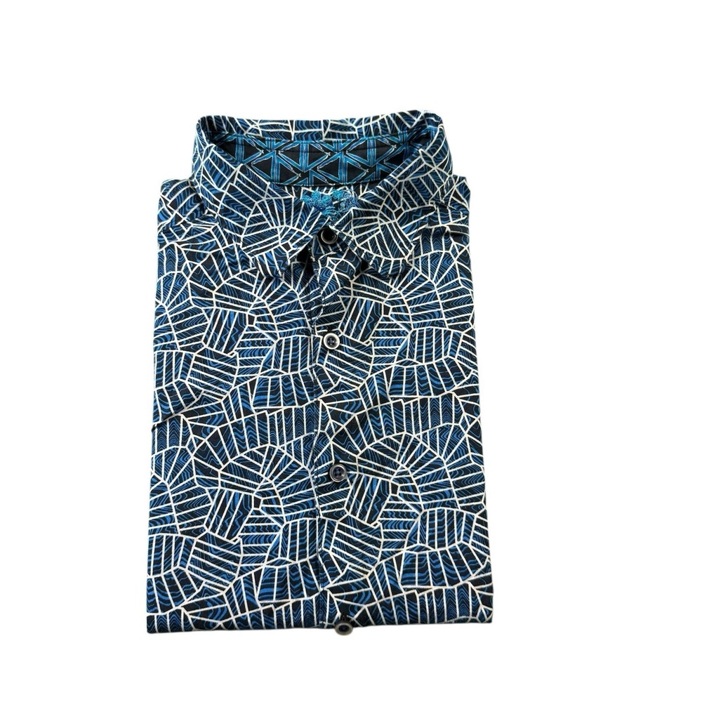 Robert Graham Mens Blue White Geometric Cotton SS Button Front Shirt Medium